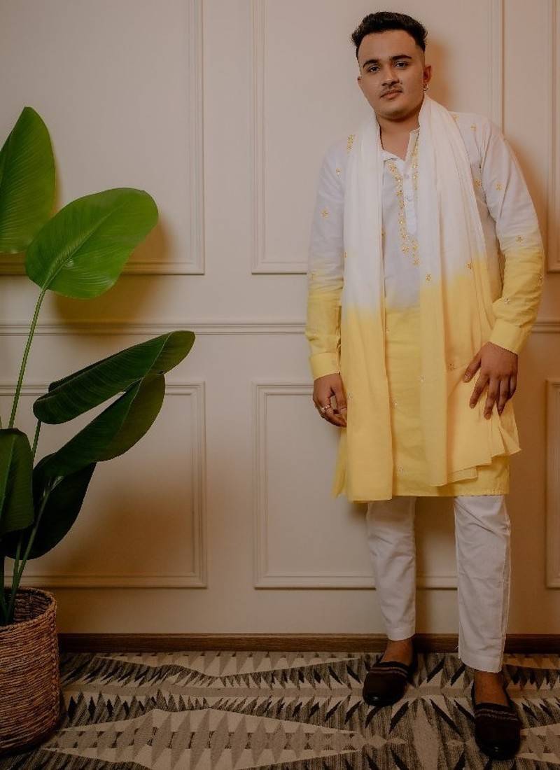 White to yellow handwork kurta with stole