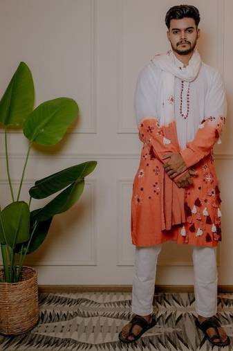 White to rust handwork kurta with stole