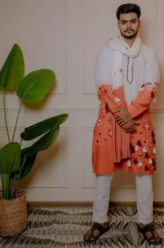 White to rust handwork kurta with stole