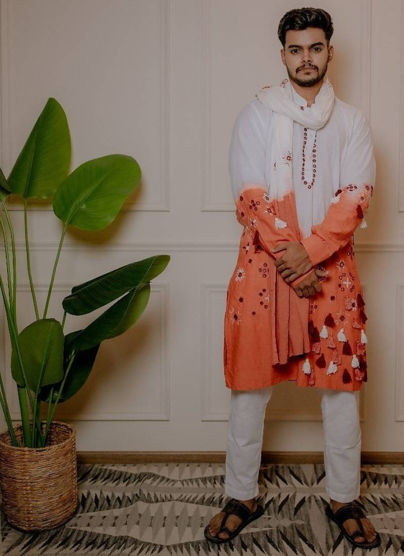 White to rust handwork kurta with stole