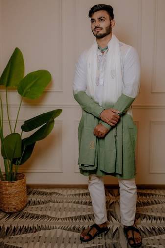 White to olive handwork kurta with stole