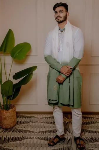 White to olive handwork kurta with stole