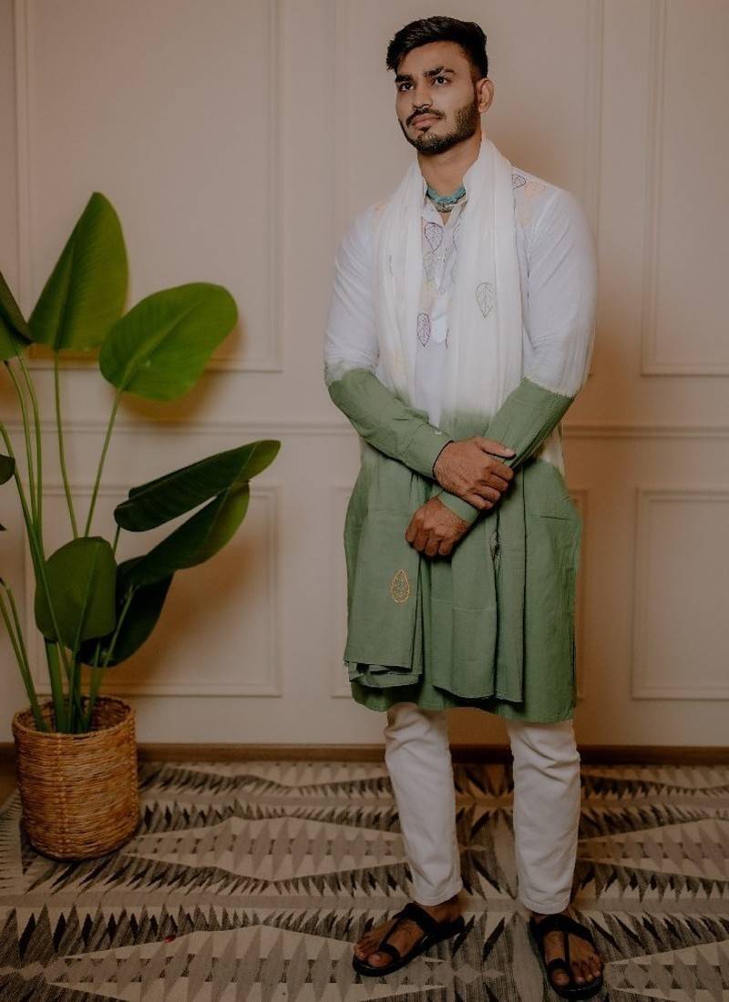 White to olive handwork kurta with stole