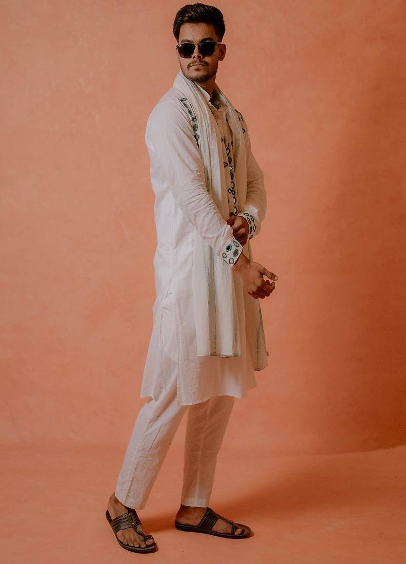 Teal mirror work kurta with teal shibori stole