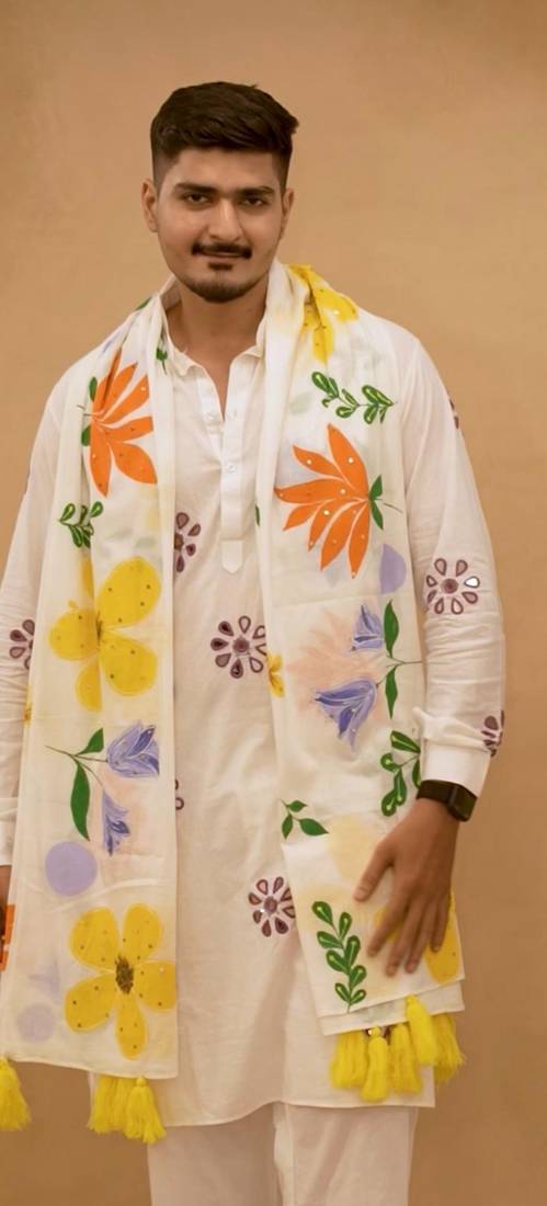White mirror work kurta with handpaint stole