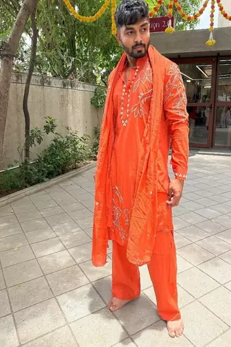 Solid orange fish handwork kurta with stole