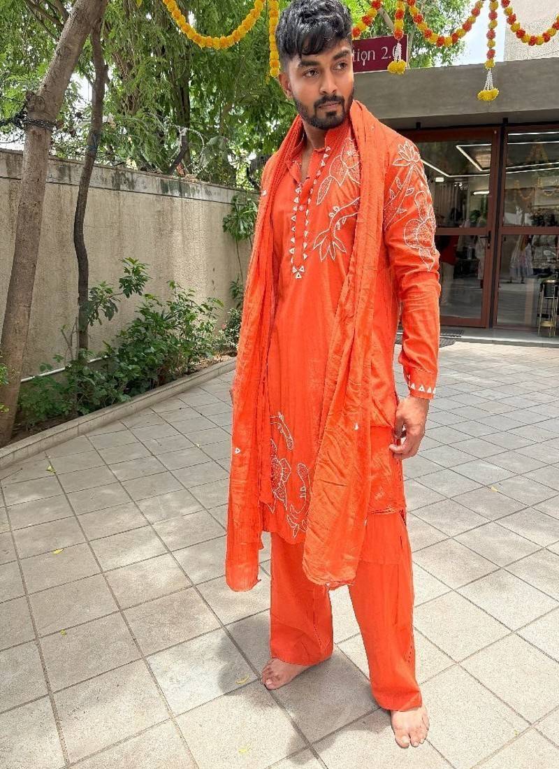 Solid orange fish handwork kurta with stole