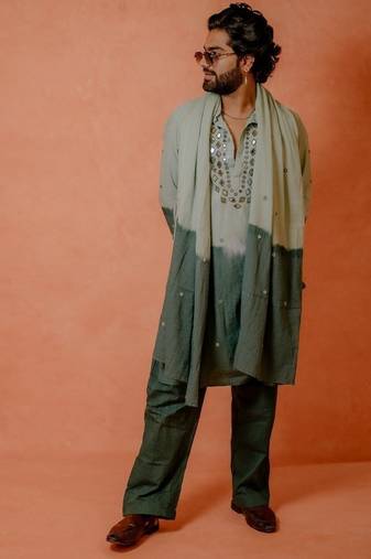 Light to dark teal mirror kurta with stole