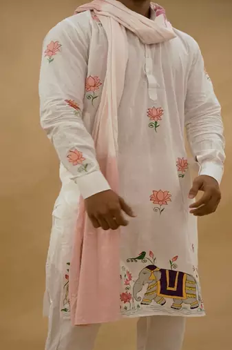 Handpaint kurta with baby pink handwork stole