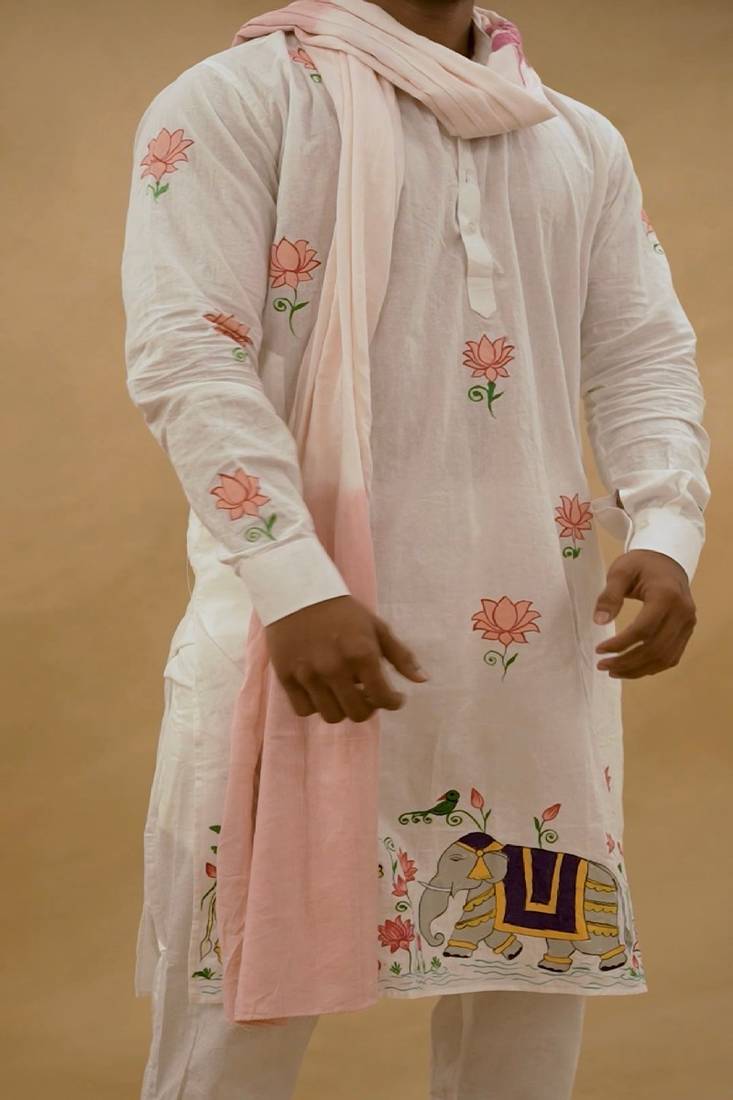 Handpaint kurta with baby pink handwork stole