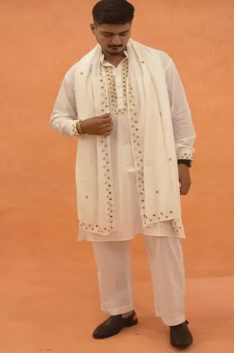 Golden mirror work kurta with stole