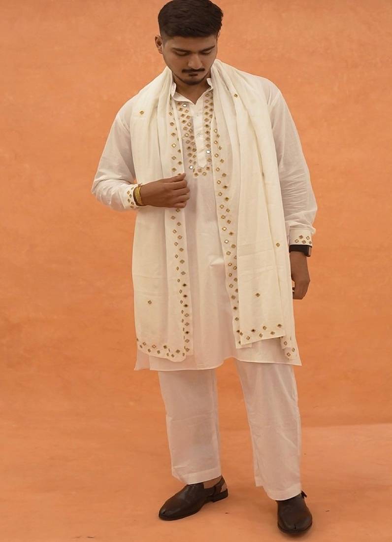 Golden mirror work kurta with stole
