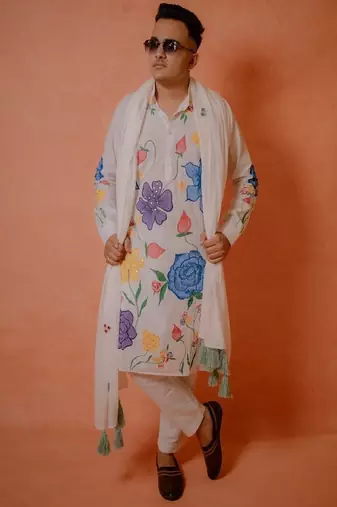 Floral multicolour handpaint kurta with mirror work stole