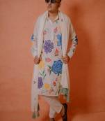 Floral multicolour handpaint kurta with mirror work stole