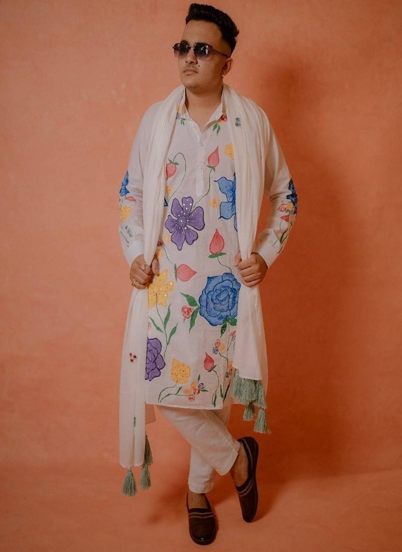 Floral multicolour handpaint kurta with mirror work stole