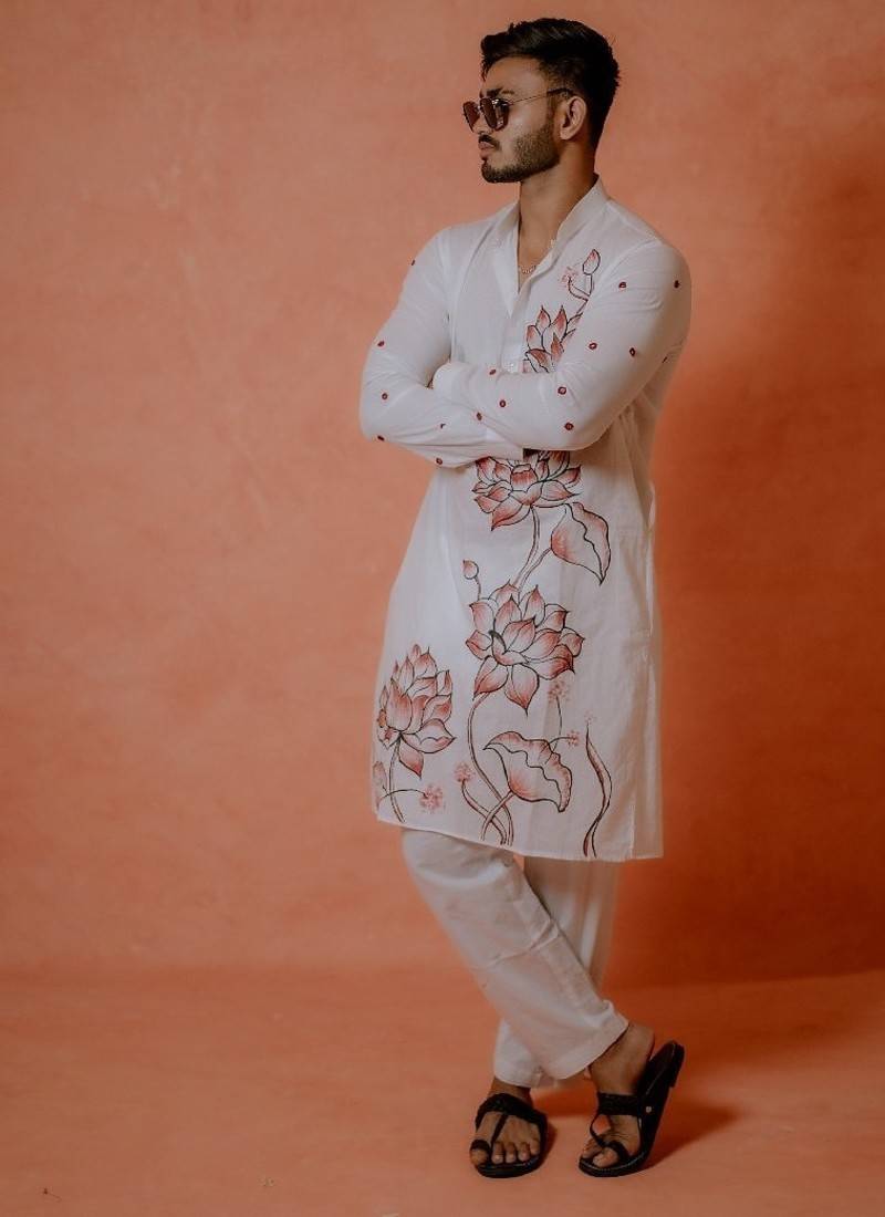 Floral maroon hanpaint kurta