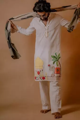 Elephant handpaint kurta with grey handpaint stole