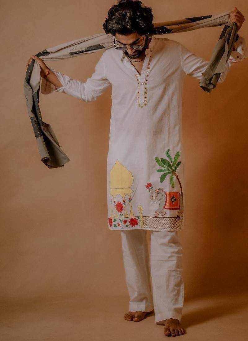 Elephant handpaint kurta with grey handpaint stole