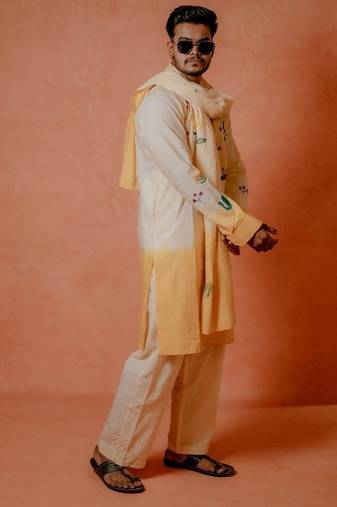 Cream to yellow handwork kurta with stole