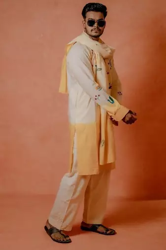 Cream to yellow handwork kurta with stole