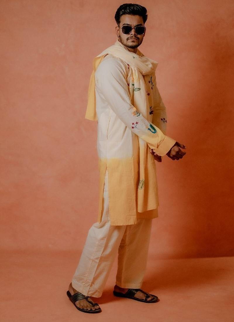 Cream to yellow handwork kurta with stole