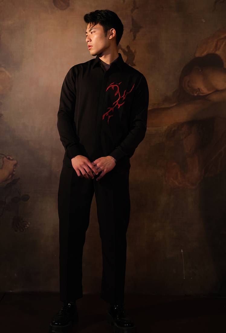 Black embroidered crepe shirt