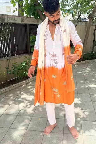 Cream to rust lotus kathawork kurta with stole