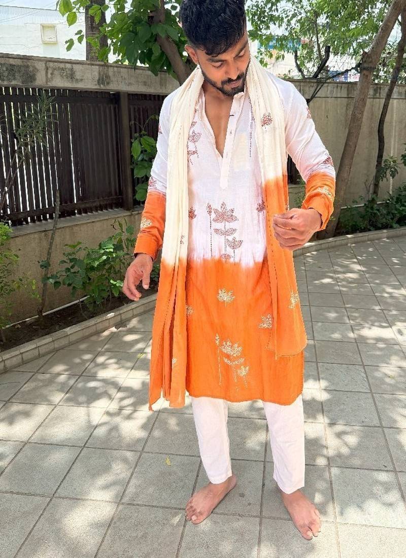 Cream to rust lotus kathawork kurta with stole
