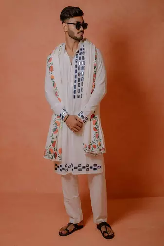 Blue mirror work kurta with handpaint stole