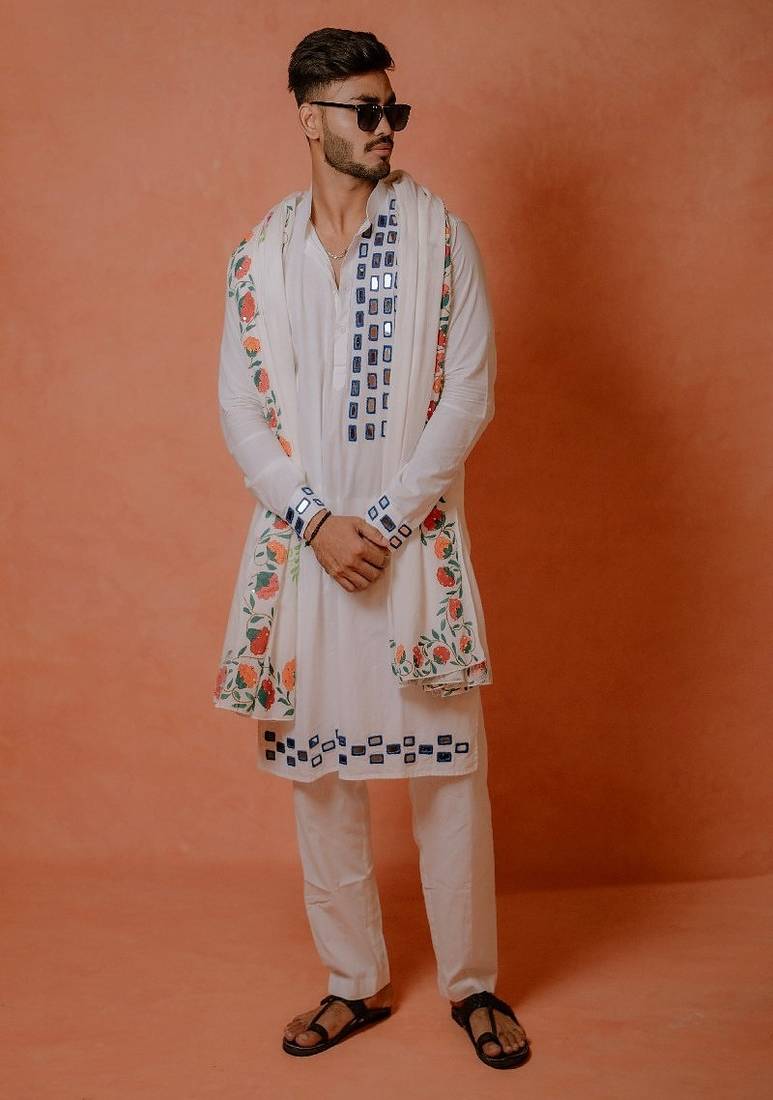 Blue mirror work kurta with handpaint stole