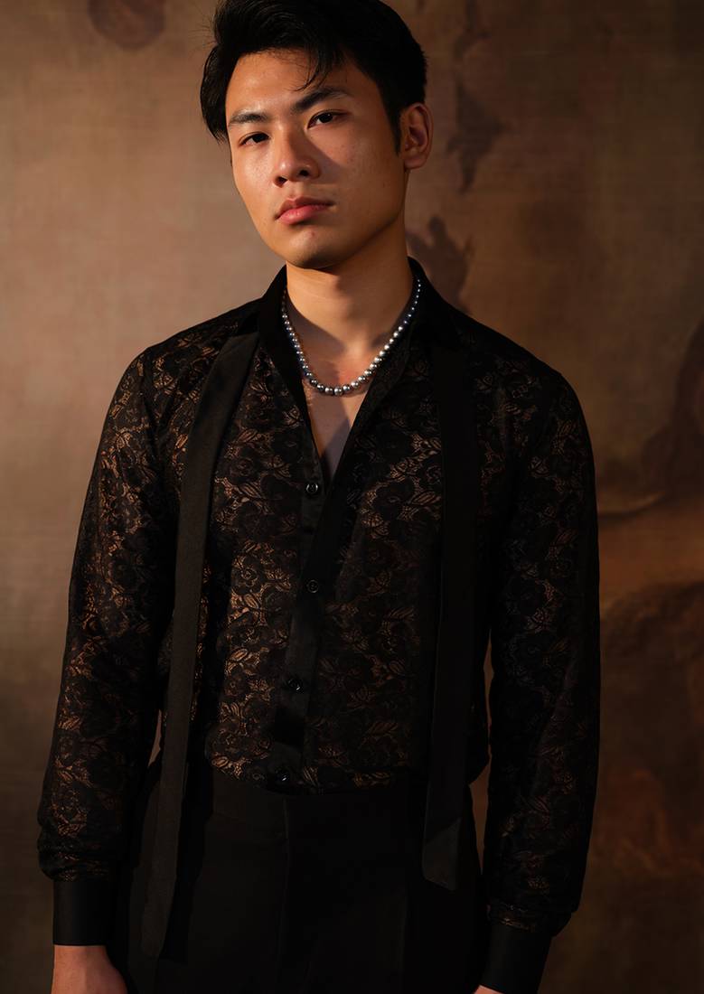 Black embroidered crepe shirt