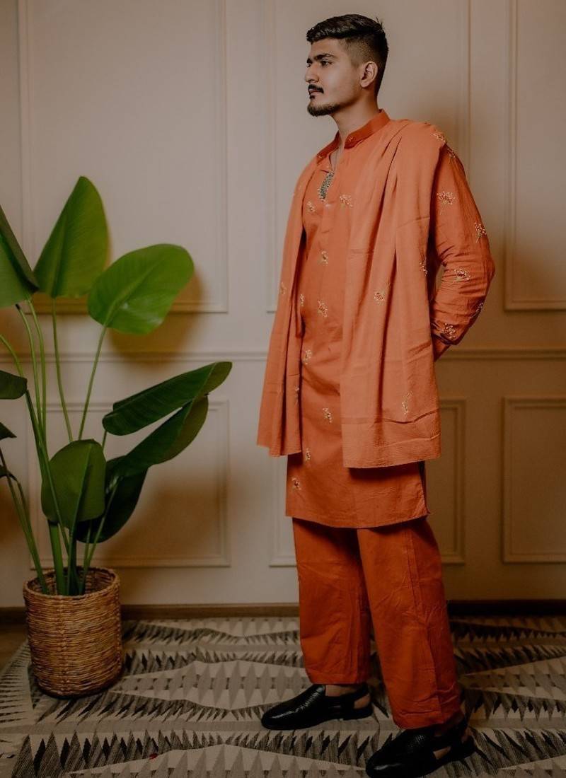 1111 wish motif rust kurta with stole