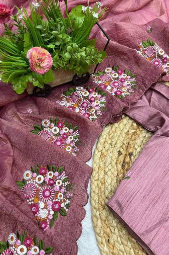 mauve gold crush embroidered cut work saree