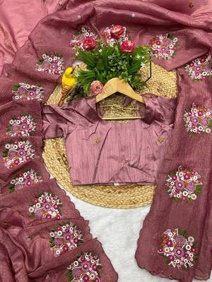 mauve gold crush embroidered cut work saree 2