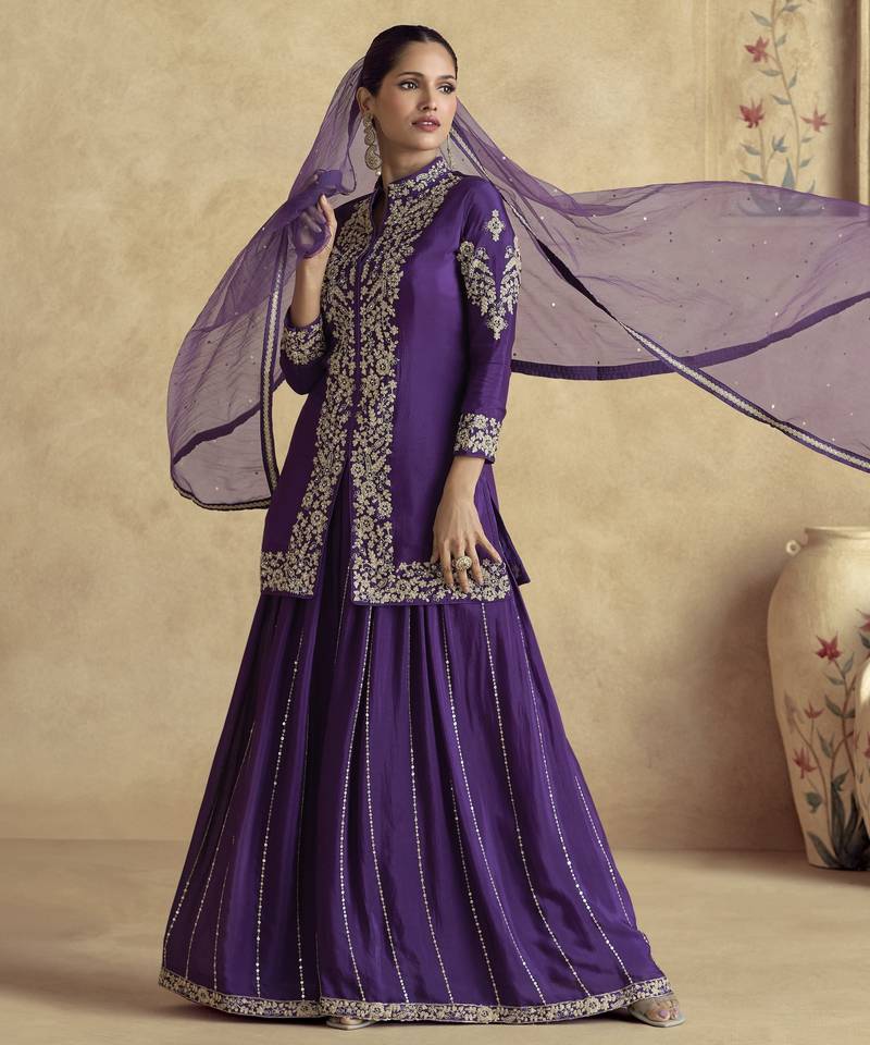 PURPLE EMBROIDERED PALAZZO SUIT