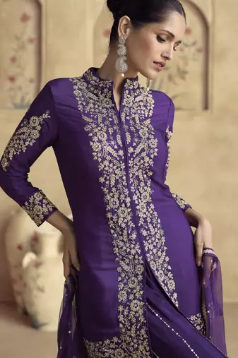 purple embroidered palazzo suit