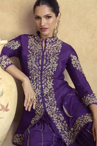 purple embroidered palazzo suit