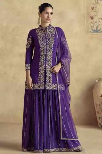 purple embroidered palazzo suit