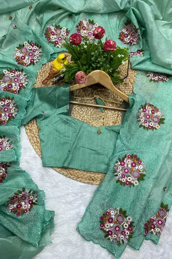 green gold crush embroidered cut work saree