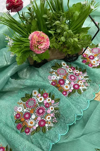 green gold crush embroidered cut work saree