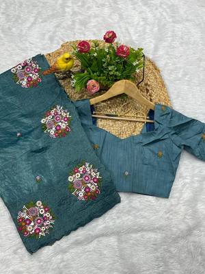 teal gold crush embroidered cut work saree 1
