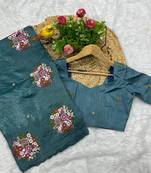 teal gold crush embroidered cut work saree