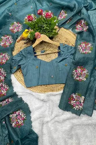 teal gold crush embroidered cut work saree
