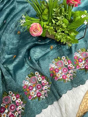 teal gold crush embroidered cut work saree 3