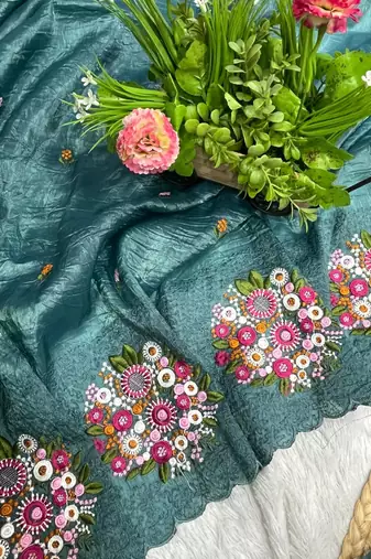 teal gold crush embroidered cut work saree