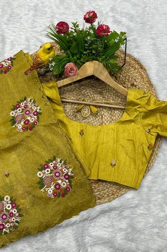 mustard yellow gold crush embroidered cut work saree