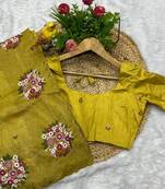 mustard yellow gold crush embroidered cut work saree