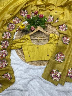mustard yellow gold crush embroidered cut work saree 2