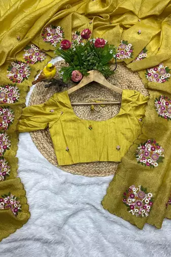 mustard yellow gold crush embroidered cut work saree