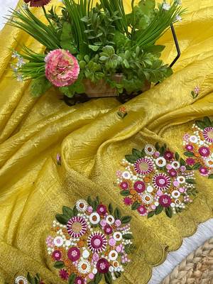 mustard yellow gold crush embroidered cut work saree 3
